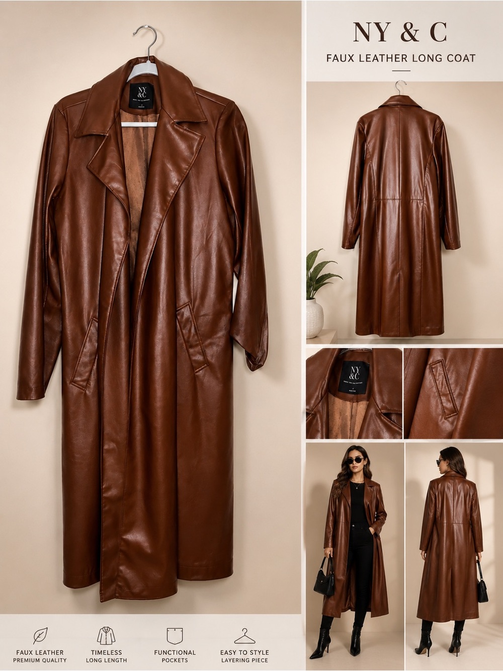 New York & Company Brown Faux Leather Long Trench Coat